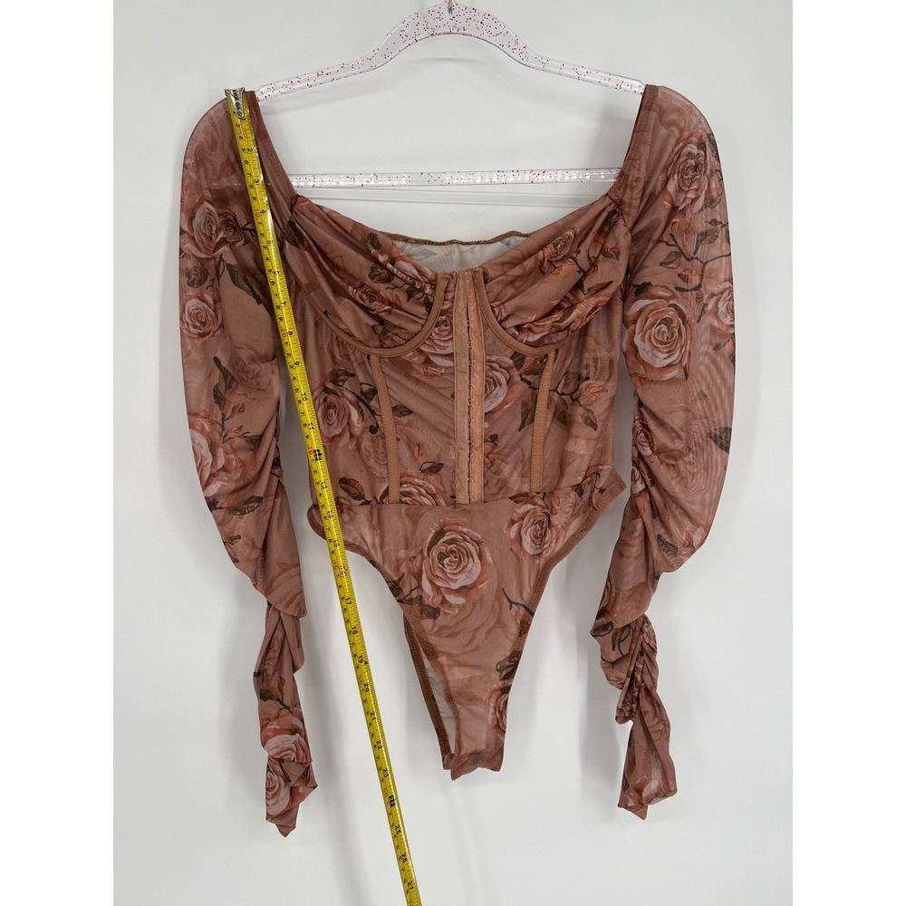 Shein Floral Mesh Bodysuit Long Sleeve Corset Top Rose Print Size M